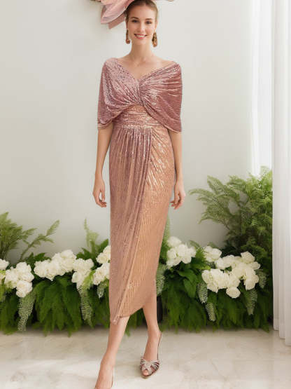 V-Neck Half-Sleeve Ruched Sheath Dress with Ruffle for Mothers of the Bride & Groom