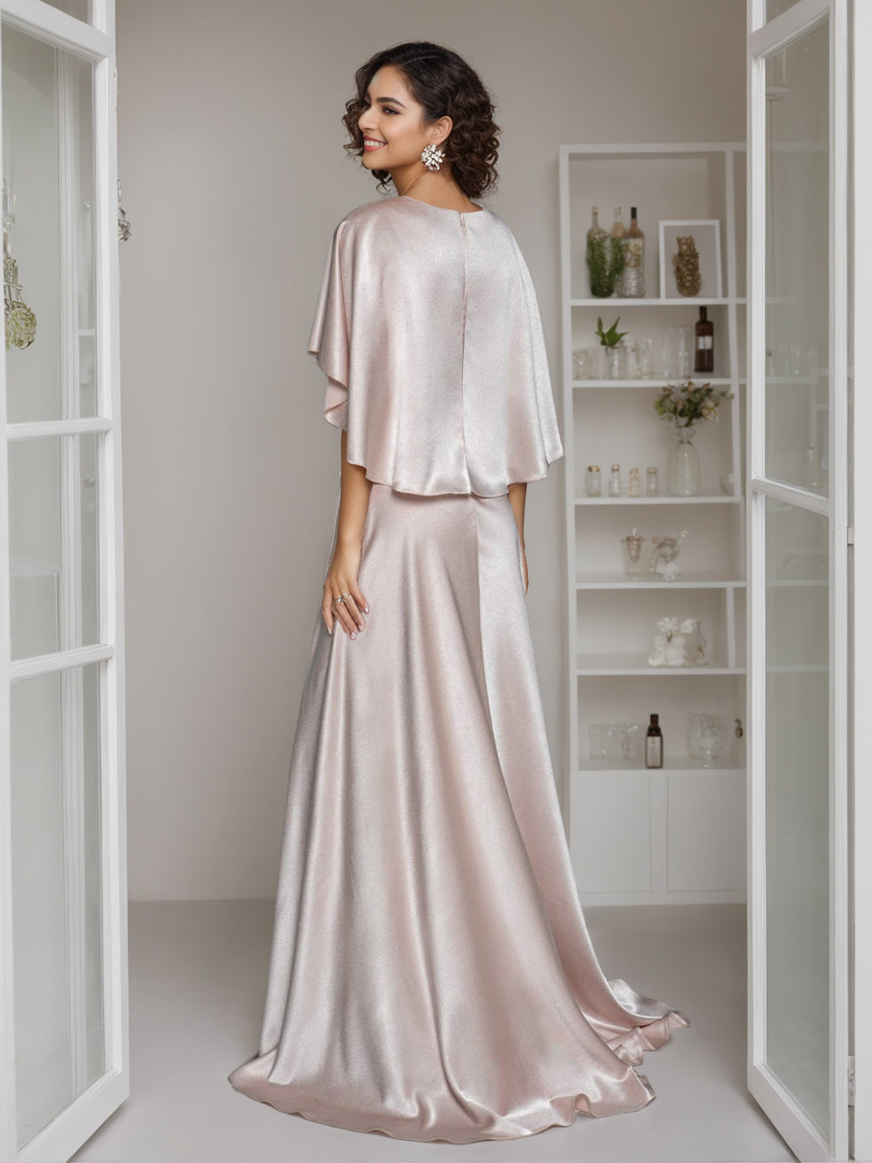 Elegant V-Neck A-Line Princess Floor-Length Mother of the Bride Dress with Short Cape Sleeves and Ruffle
