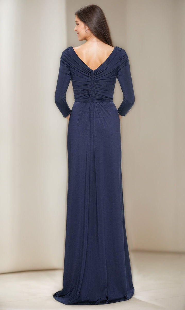 V-Neck 3/4 Sleeve Ruched Sheath Dress with Ruffles for Mothers of the Bride & Groom