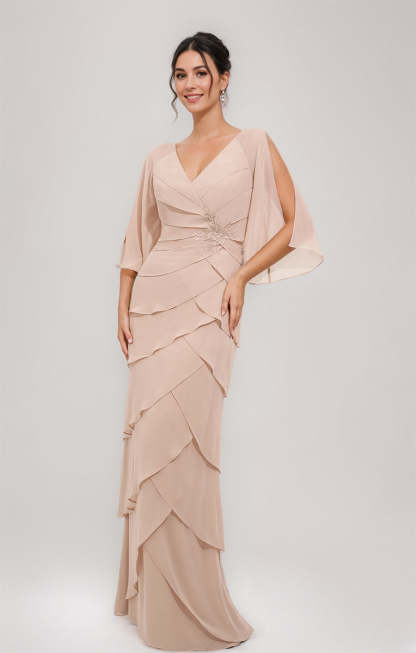 V-Neck 3/4 Sleeve Sheath Dress with Appliques & Ruffles for Mothers of the Bride & Groom