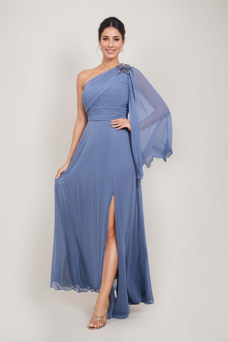 One-Shoulder A-Line Princess Dress for the Mother of the Bride & Groom Featuring Appliques and a Side Slit