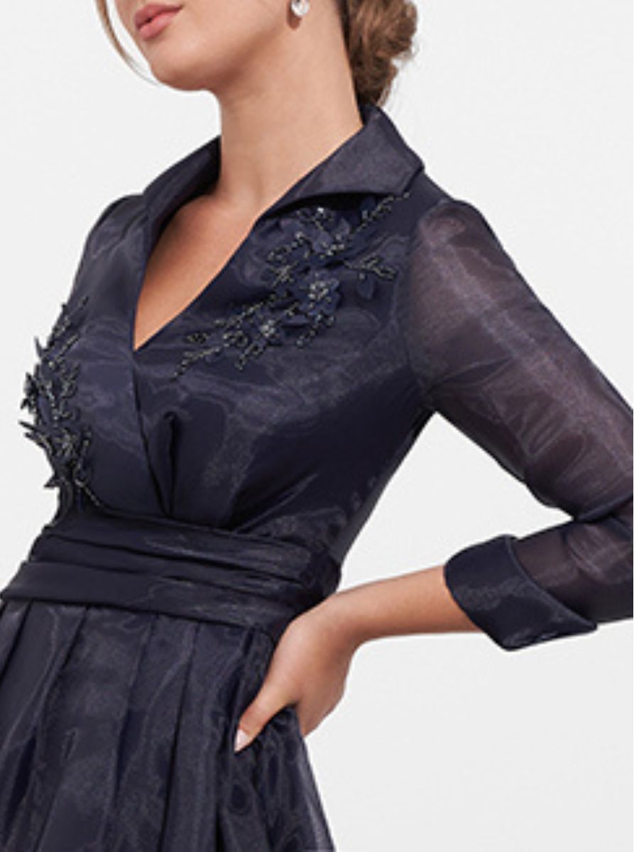 Floor-Length A-Line Mother Of The Bride Dress with V-Neck 3/4 Sleeves Appliques & Side Slit