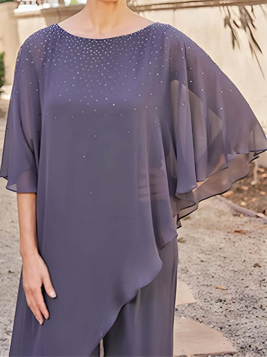 Mother of the Bride 2-Piece Chiffon Pantsuit with 3/4 Sleeves and Rhinestones