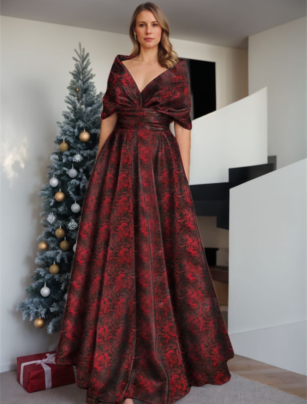 Printed Floral V-Neck A-Line Floor-Length Dress for Mother of the Bride & Groom