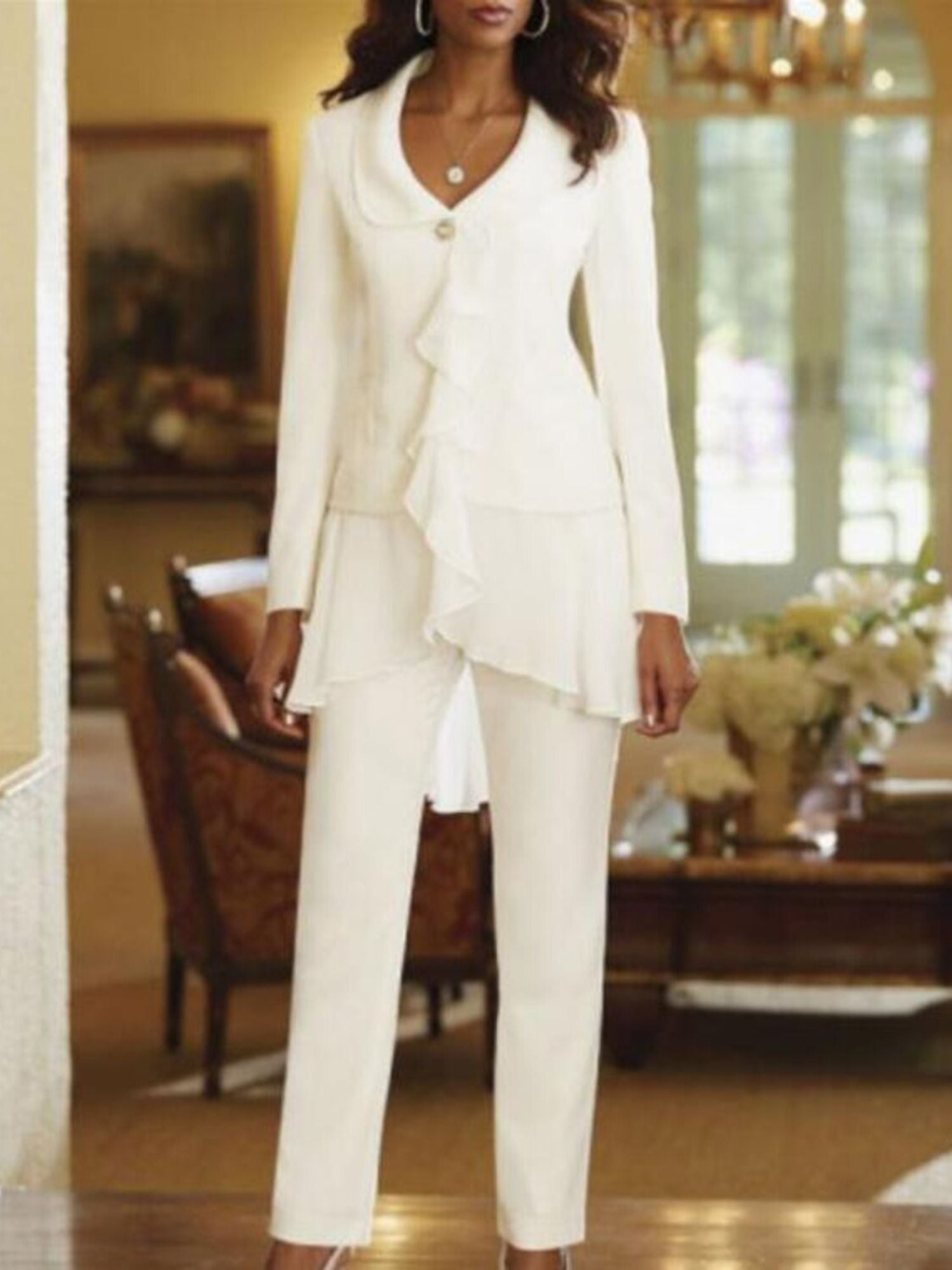 Floor-Length White V-Neck Pantsuit With Long Sleeves and Ruffle for Mother of the Bride