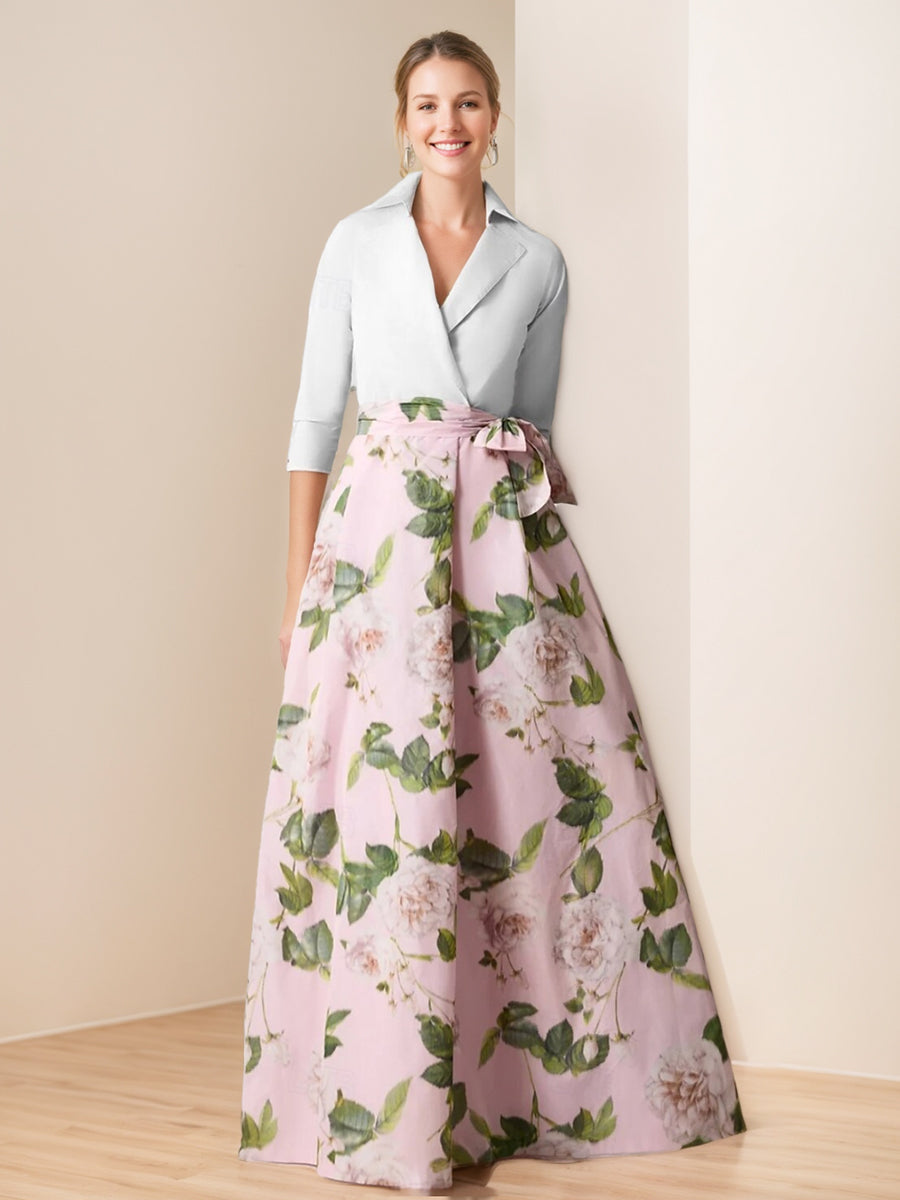 V-Neck Floral Print Mother of the Bride Dress with Bow Belt A-Line/Princess Cut and 3/4 Sleeves