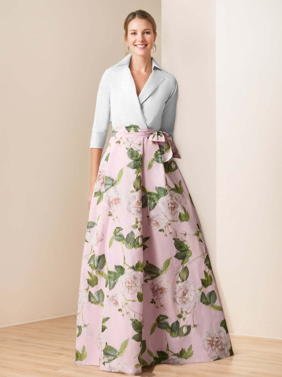 V-Neck Floral Print Mother of the Bride Dress with Bow Belt A-Line/Princess Cut and 3/4 Sleeves