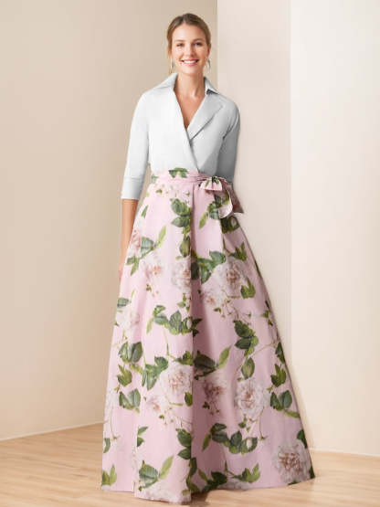 V-Neck Floral Print Mother of the Bride Dress with Bow Belt A-Line/Princess Cut and 3/4 Sleeves