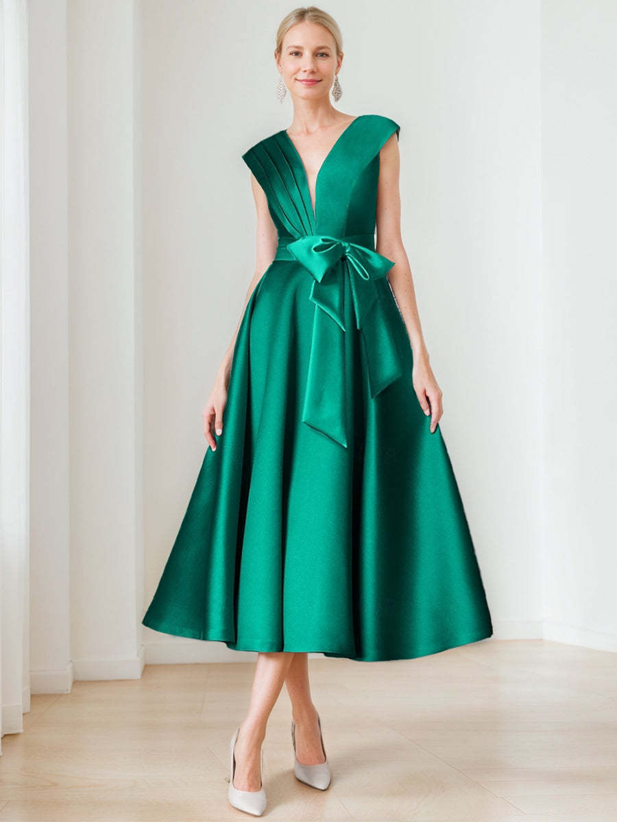 Elegant Pleated A-Line V-Neck Sleeveless Dress for Mothers of the Bride & Groom Featuring Bow Belt and Pocket