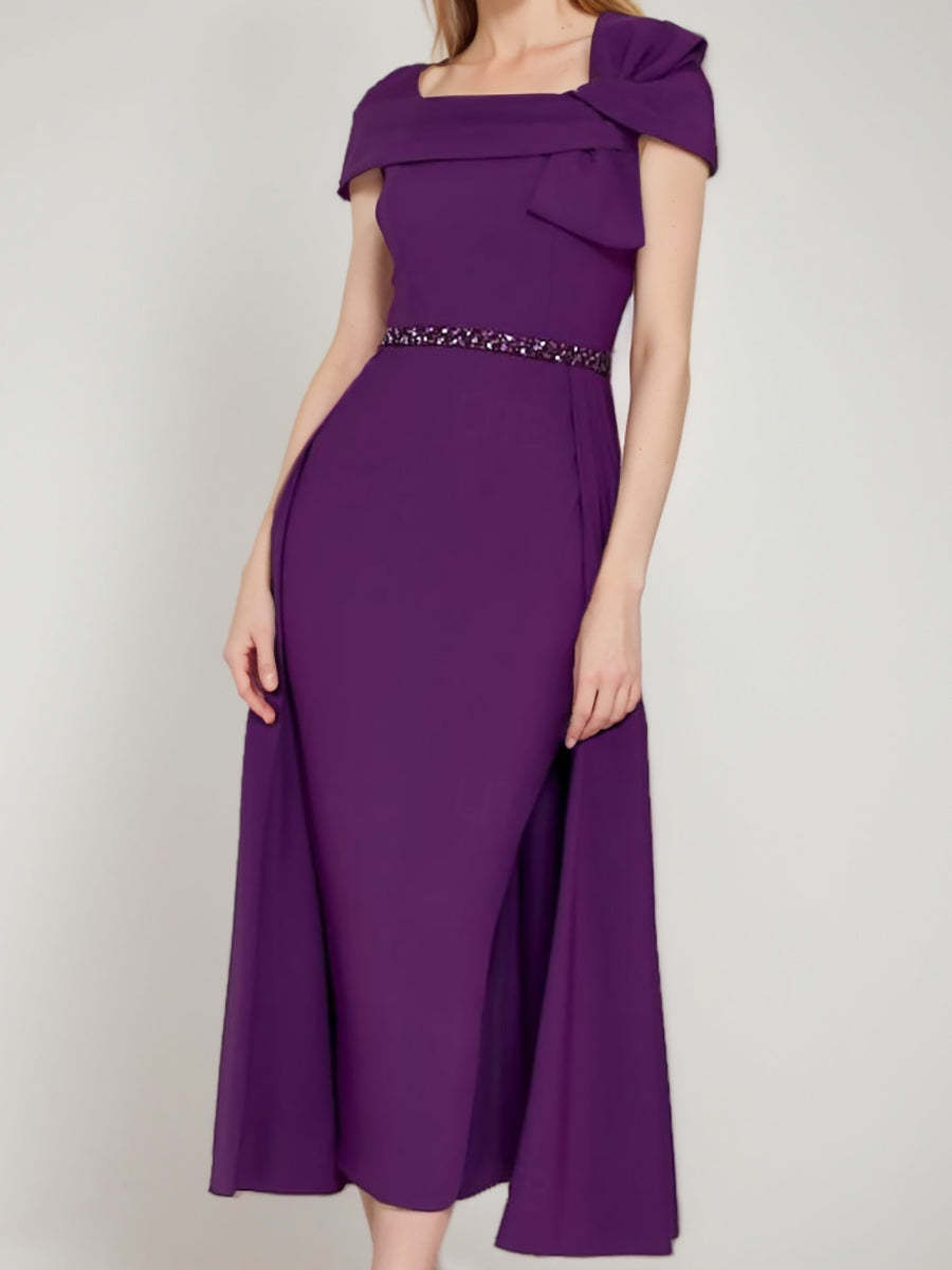 Square Neck Formal Mother of the Bride & Groom Sheath/Column Dresses with Bow and Belt