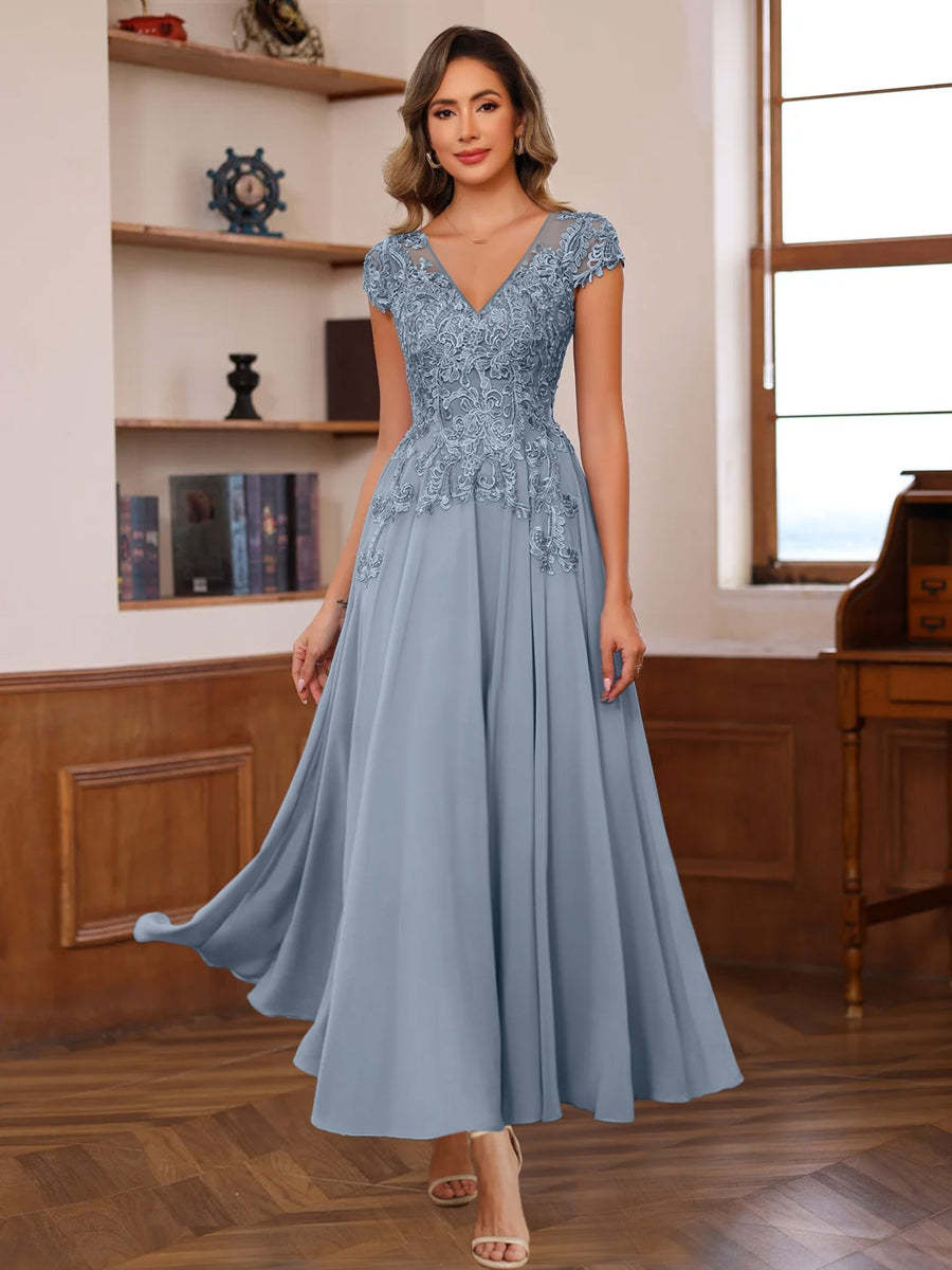 V-Neck A-Line Short Sleeve Ankle-Length Mother of the Bride Dress with Lace Appliques