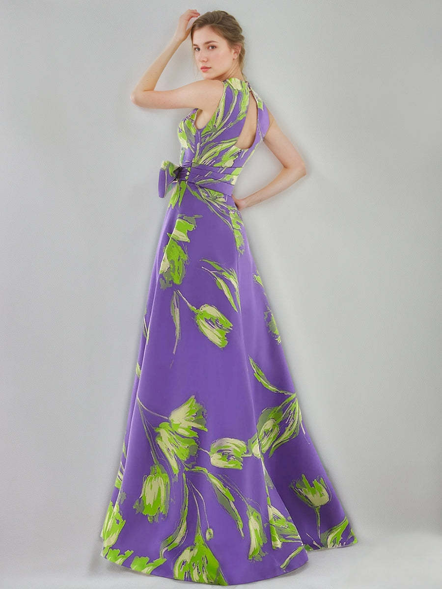 V-Neck Sleeveless Floral Printed A-Line/Princess Dress with Bow Belt for Mother of the Bride & Groom