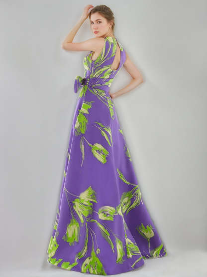 V-Neck Sleeveless Floral Printed A-Line/Princess Dress with Bow Belt for Mother of the Bride & Groom