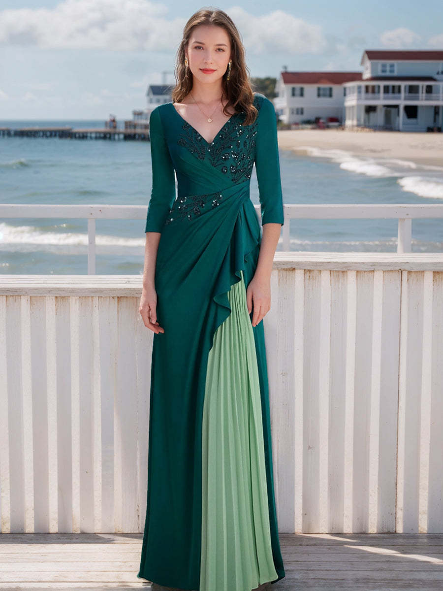 Elegant V-Neck A-Line Princess Gown for Mothers of the Bride & Groom with Long Sleeves Ruffles and Appliques