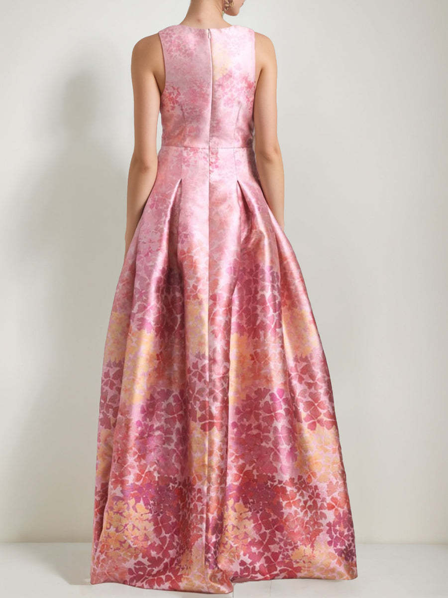 V-Neck Sleeveless Floral Printed A-Line/Princess Mother of the Bride & Groom Dress with High Split and Pocket