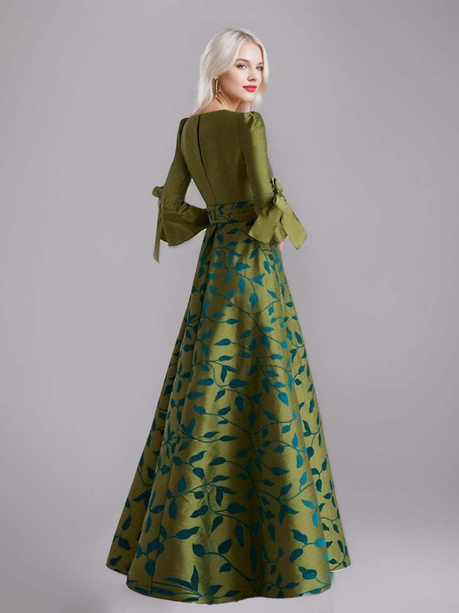 Printed Leaves Mother of the Bride A-Line Dress with 3/4 Sleeves Side Split Belt and Ruffles