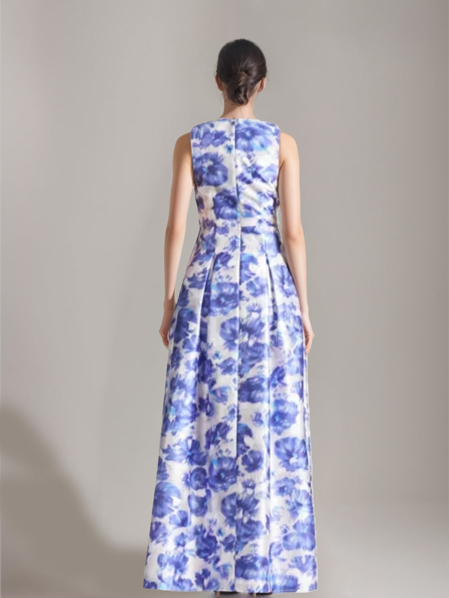 Elegant Printed Floral Floor-Length A-Line Dress with V-Neck and High Split for Mothers of the Bride & Groom