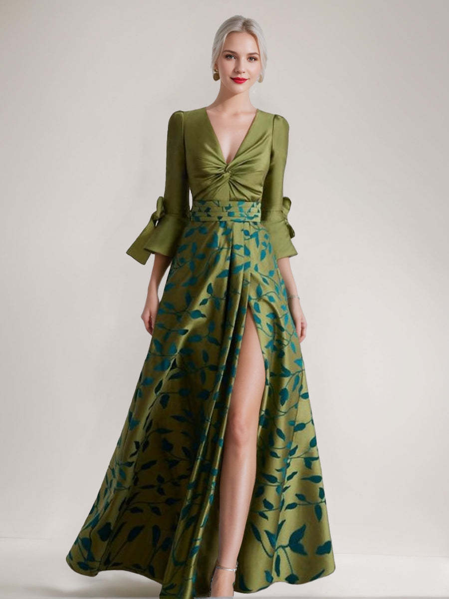 Printed Leaves Mother of the Bride A-Line Dress with 3/4 Sleeves Side Split Belt and Ruffles
