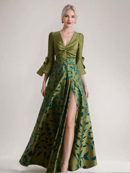 Printed Leaves Mother of the Bride A-Line Dress with 3/4 Sleeves Side Split Belt and Ruffles