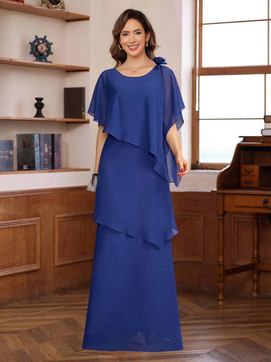 Short-Sleeve Floor-Length A-Line Princess Mother of the Bride Dress with Ruffles and Flowers