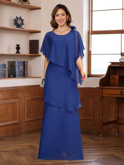 Short-Sleeve Floor-Length A-Line Princess Mother of the Bride Dress with Ruffles and Flowers