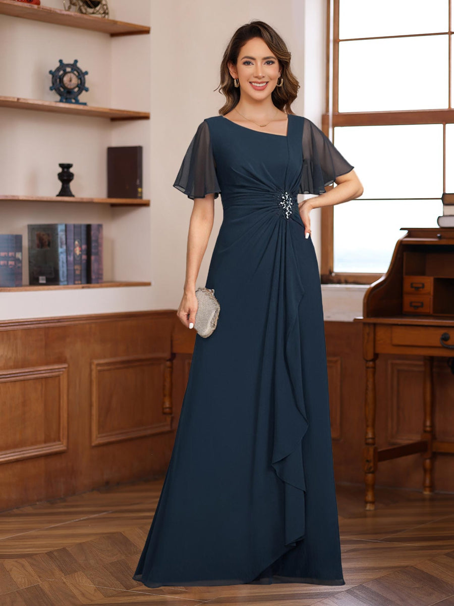 V-Neck A-Line Chiffon Dress with Short Sleeves Ruffles & Appliques for the Mother of the Bride or Groom
