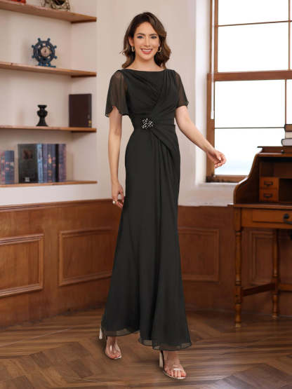 Pleated A-Line Mother of the Bride & Groom Dress with Scoop Neck Half Sleeves and Beadings