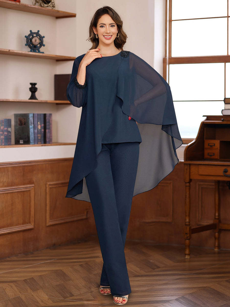 Floor-Length Chiffon Mother of the Bride Pantsuits with Ruffles Sequins and Beading - 2 Pieces
