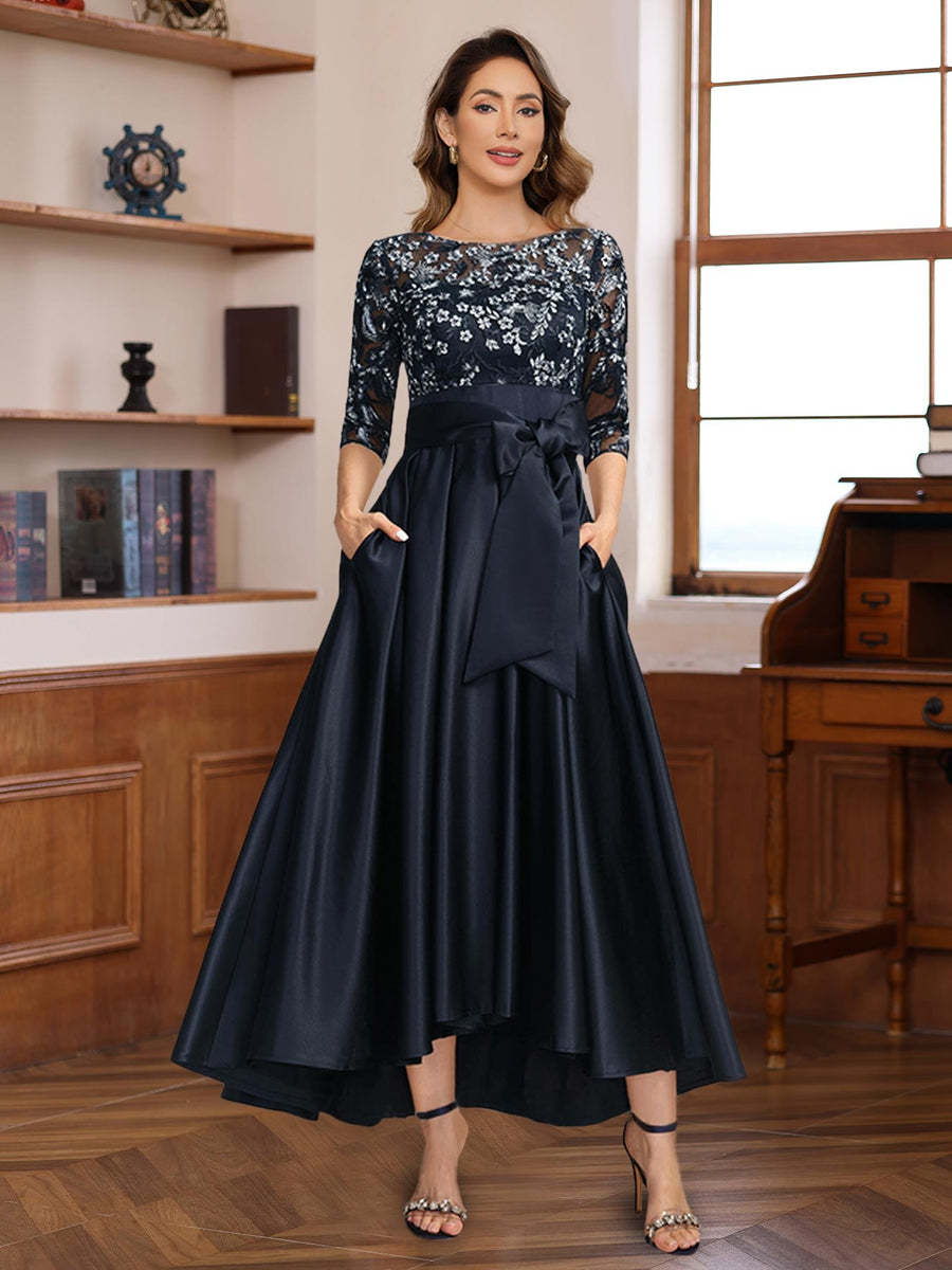 Asymmetrical Lace A-Line Dress with 3/4 Sleeves Appliques & Bow Belt for Mother of the Bride or Groom