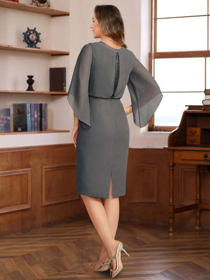 V-Neck Half-Sleeve Knee-Length Sheath/Column Dress with Sequins for Mothers
