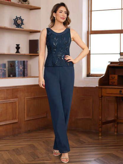 3-Piece Floor-Length Chiffon Pantsuits with Sequins for the Mother of the Bride