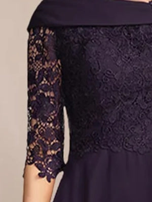 V-Neck A-Line Princess Tea-Length Dress with Half Sleeves and Lace Appliques for Mothers