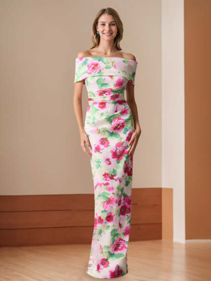 Off-the-Shoulder Floor-Length Floral Printed Sheath/Column Mother of the Bride Dresses with Ruches