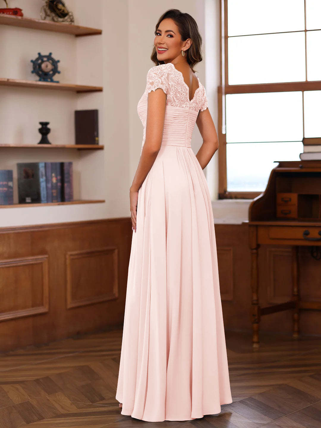 V-Neck A-Line Princess Short Sleeve Dress with Pleats Ruffles & Appliques for Mother of the Bride & Groom