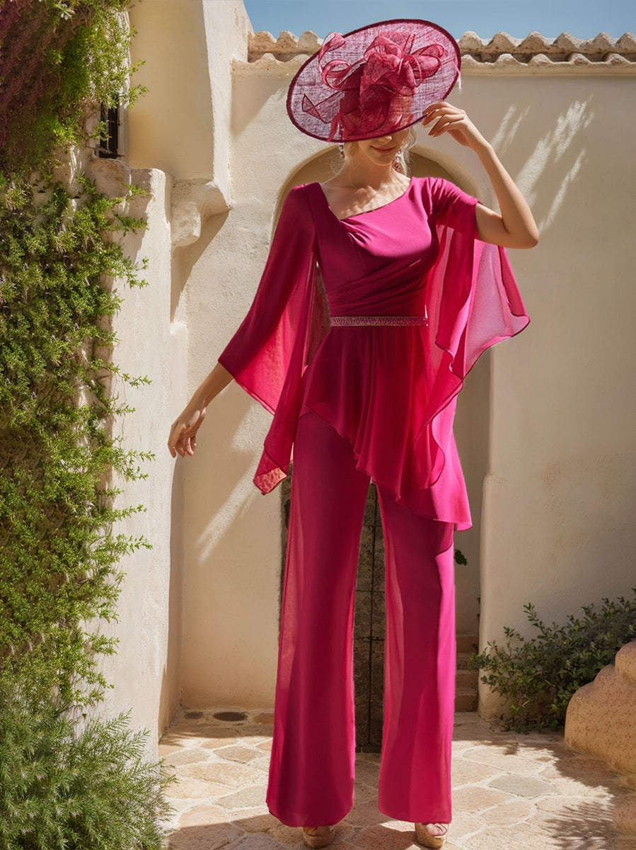 Chiffon Jumpsuit for Mothers with Scoop Neck Long Sleeves and Belt