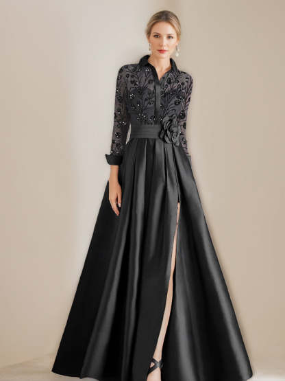 Princess A-Line Floor-Length Mother of the Bride Dresses with Shirt Collar Long Sleeves Appliques & Flower Belt