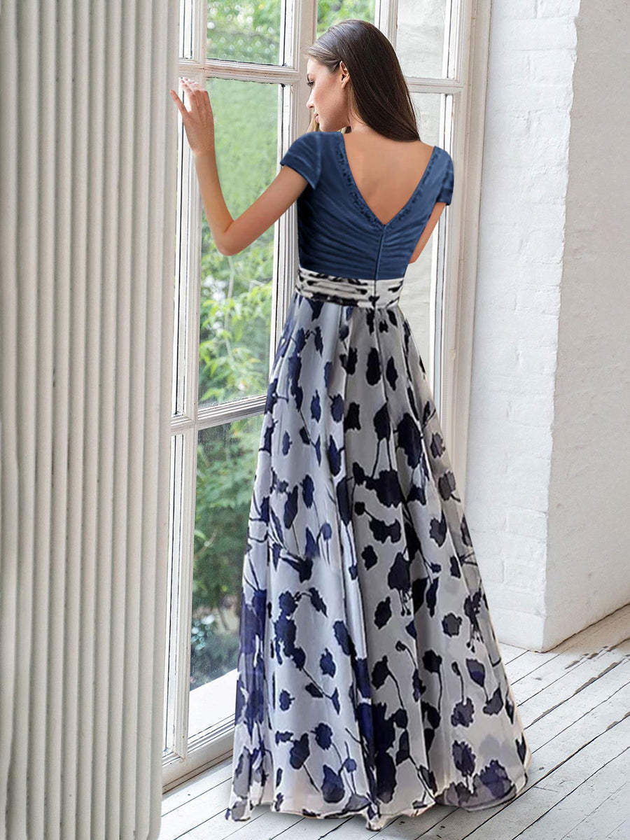 V-Neck Princess A-Line Short Sleeve Mother of the Bride Dress With Floral Ruches