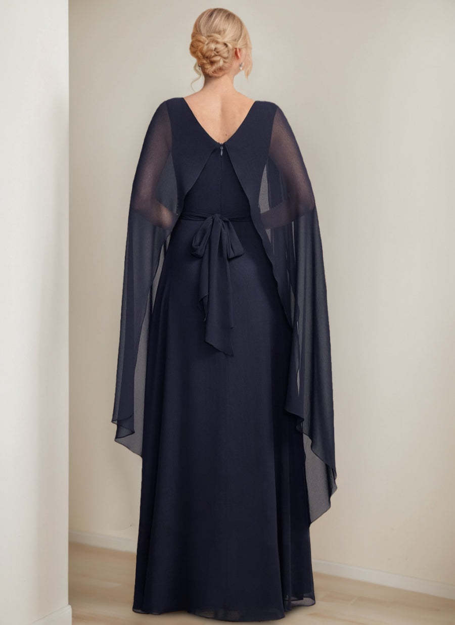 Princess A-Line Floor-Length Mother of the Bride Dress with Cape Sleeves Bow and Ruffles