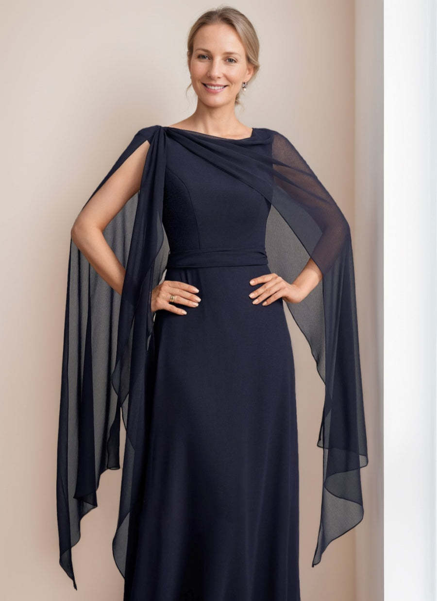 Princess A-Line Floor-Length Mother of the Bride Dress with Cape Sleeves Bow and Ruffles