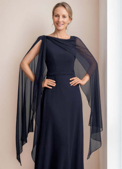 Princess A-Line Floor-Length Mother of the Bride Dress with Cape Sleeves Bow and Ruffles