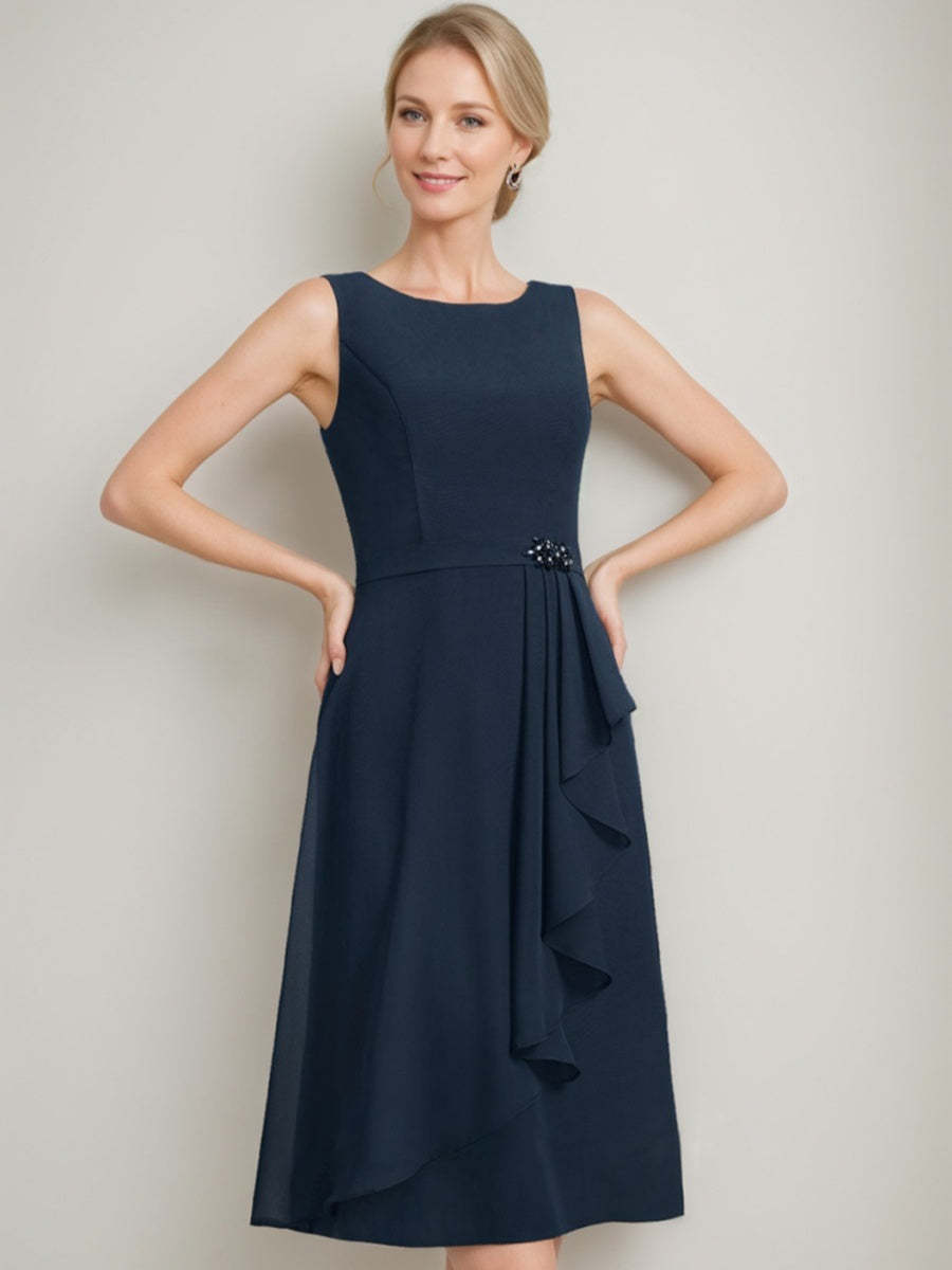 Tea-Length Mother of the Bride Sheath Dress with Detachable Beaded Cape and Ruffles