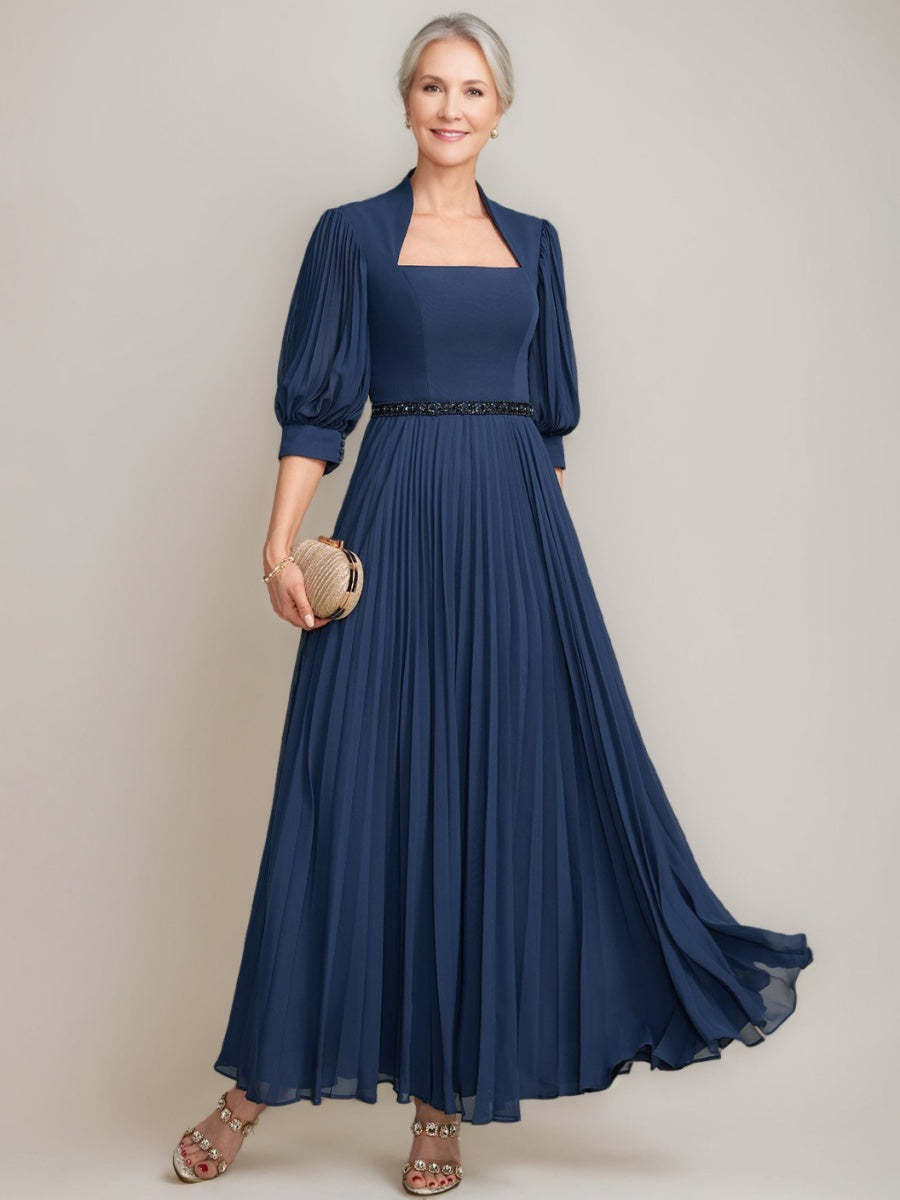 Queen Anne Neckline A-line Princess Ankle-Length Mother of the Bride Dresses with Pleats Sequins & Beads