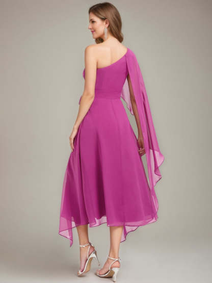 One-Shoulder A-Line Princess Dress with Asymmetrical Ruched Detail and Bow Sash for the Mother of the Bride