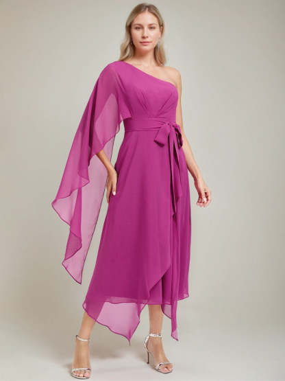 One-Shoulder A-Line Princess Dress with Asymmetrical Ruched Detail and Bow Sash for the Mother of the Bride
