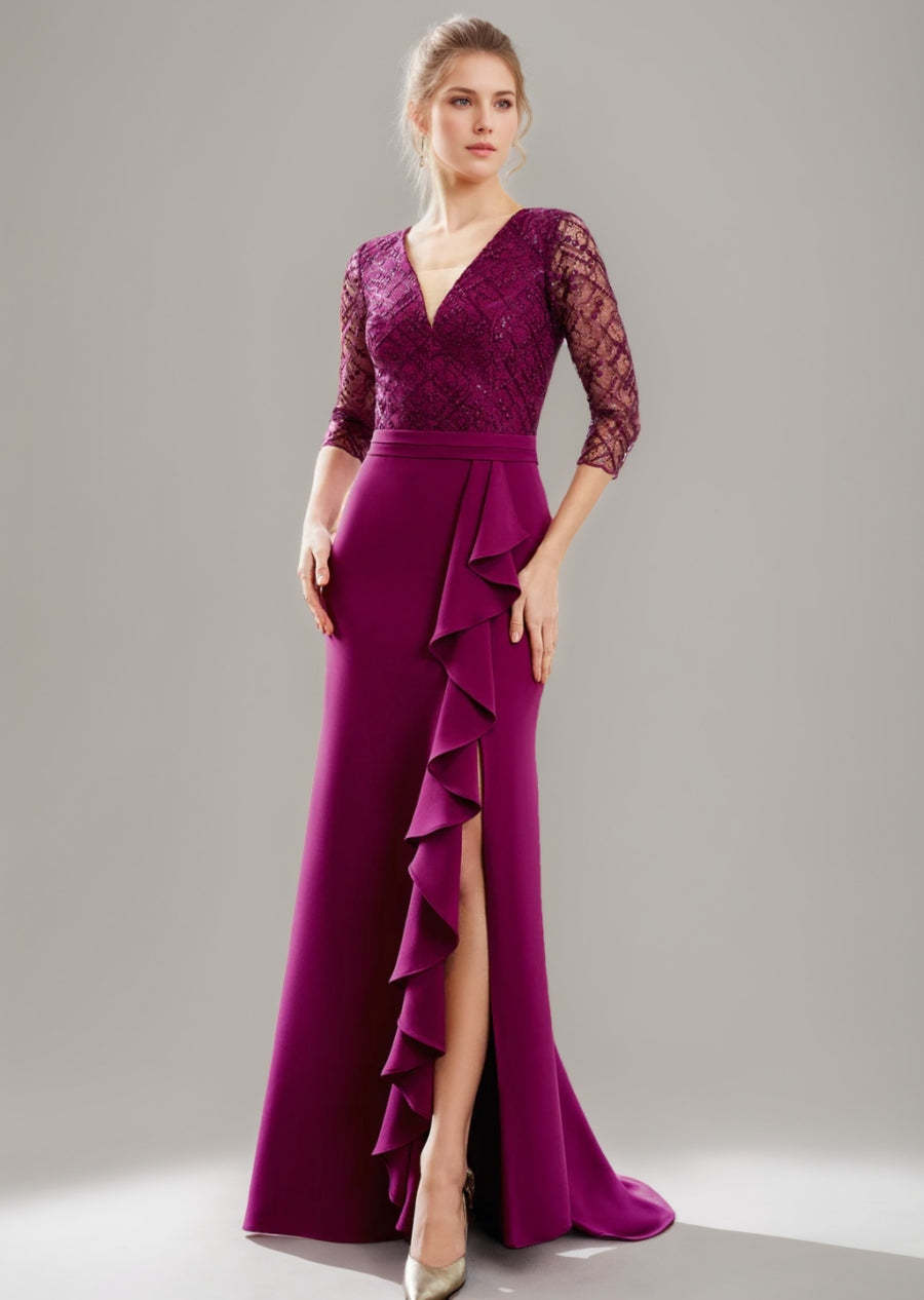 V-Neck Floor-Length Trumpet/Mermaid Mother of the Bride Dress with Slit Ruffles and Tulle Lace