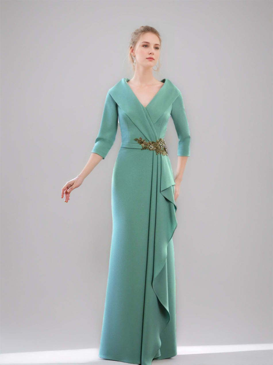 V-Neck 3/4 Sleeve Floor-Length Sheath/Column Mother of the Bride Dress with Ruffles & Jewel Appliques