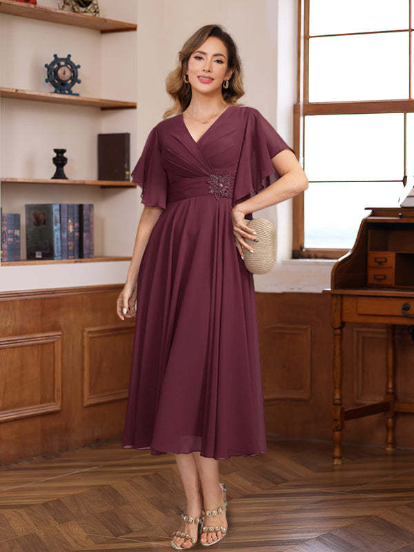 V-Neck A-Line Princess Dresses with Ruched Pleats and Jewel Appliques for Mothers of the Bride & Groom