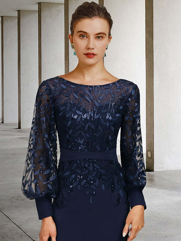 Sequined Floor-Length Mother of the Bride Dress with Scoop Neck and Long Sleeves