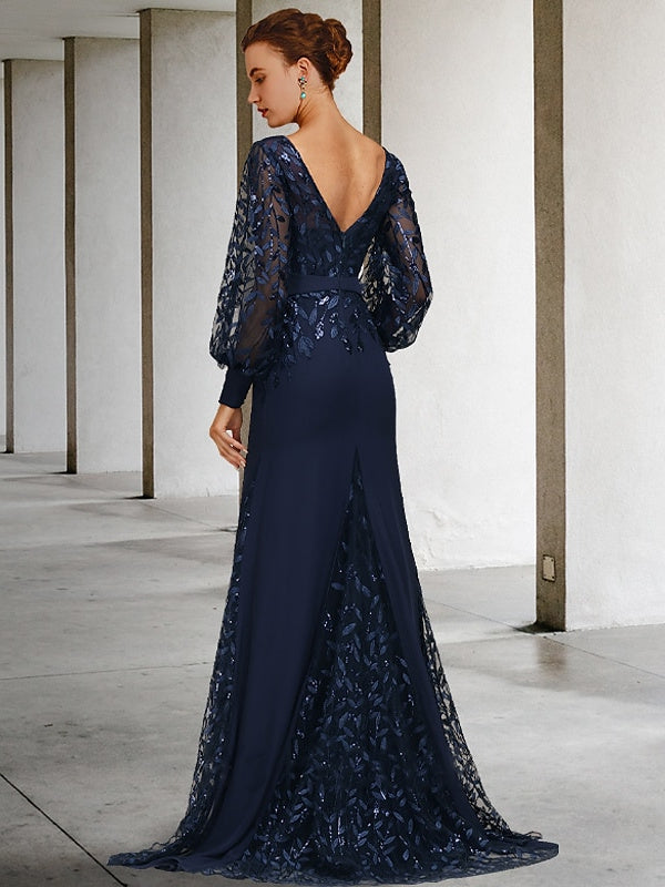 Sequined Floor-Length Mother of the Bride Dress with Scoop Neck and Long Sleeves