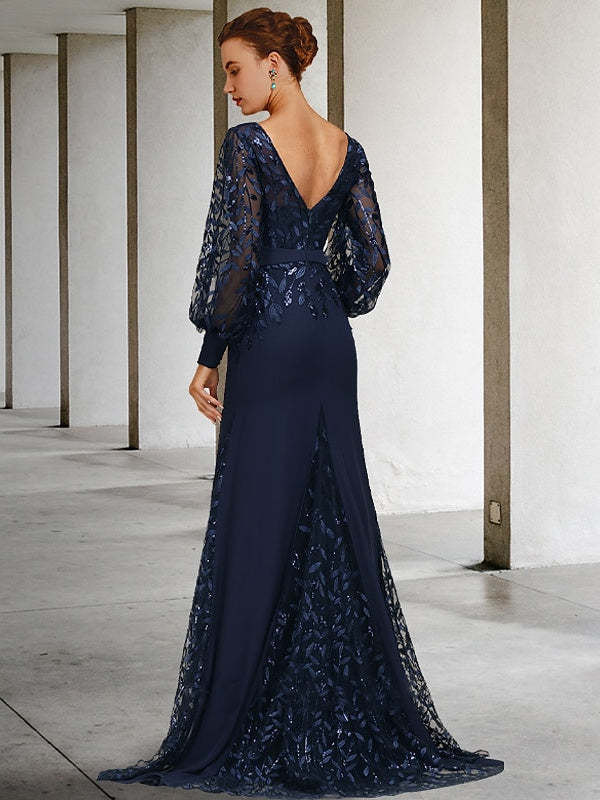 Sequined Floor-Length Mother of the Bride Dress with Scoop Neck and Long Sleeves